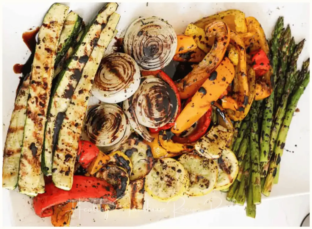 Healthy Grilled Vegetables: Onions, zucchini, and asparagus