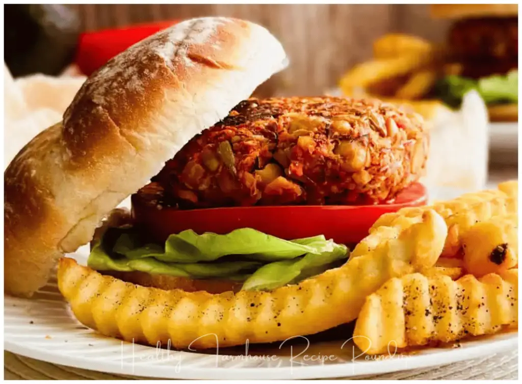Healthy chickpea burger recipe with fries and bun on the side