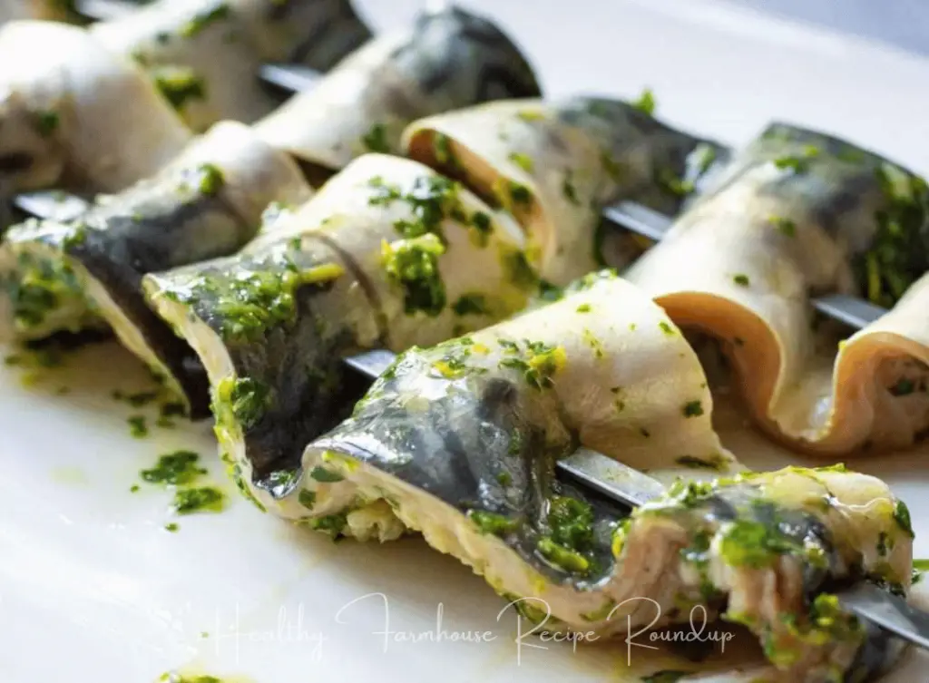 Grilled mackerel seafood kabobs with herbs