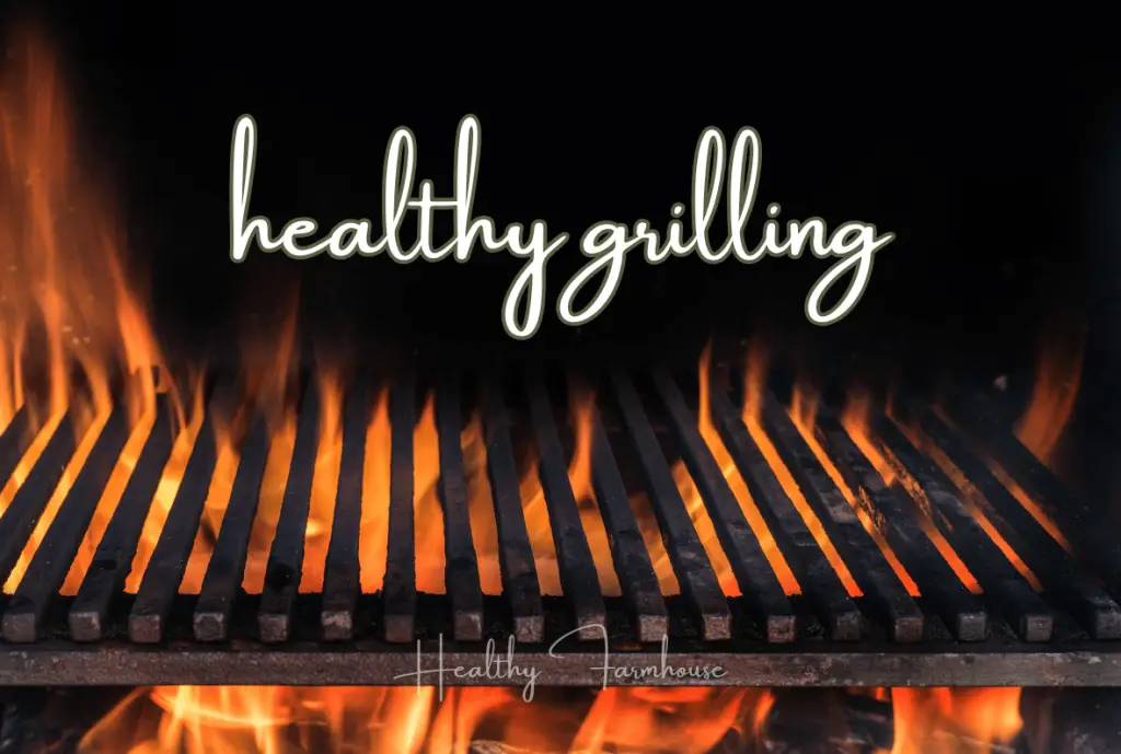 Black background with hot flames and words healthy grilling