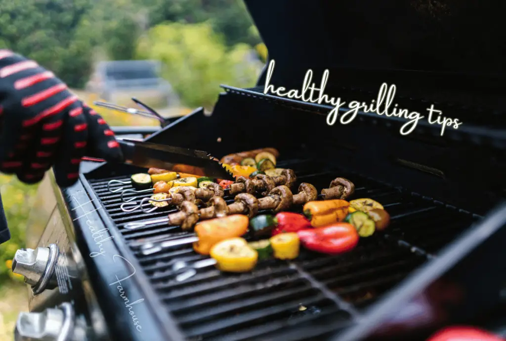 Open grill with vegetable kabobs and text "Healthy Grilling Tips"