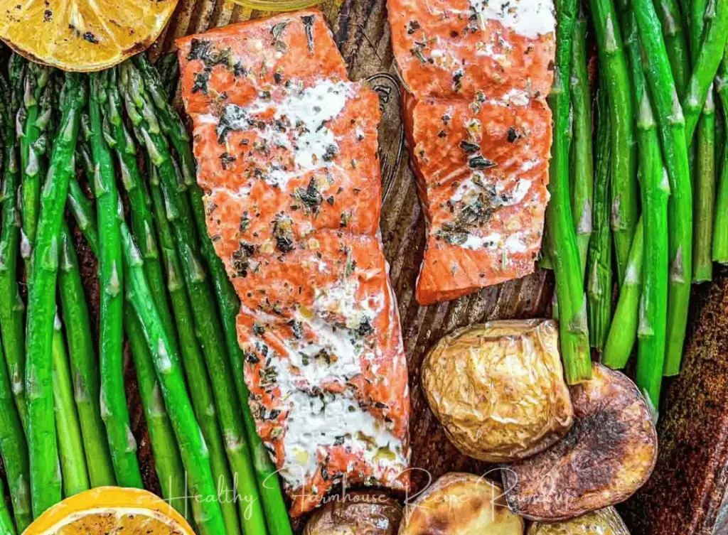 Healthy grilled salmon fillet with asparagus