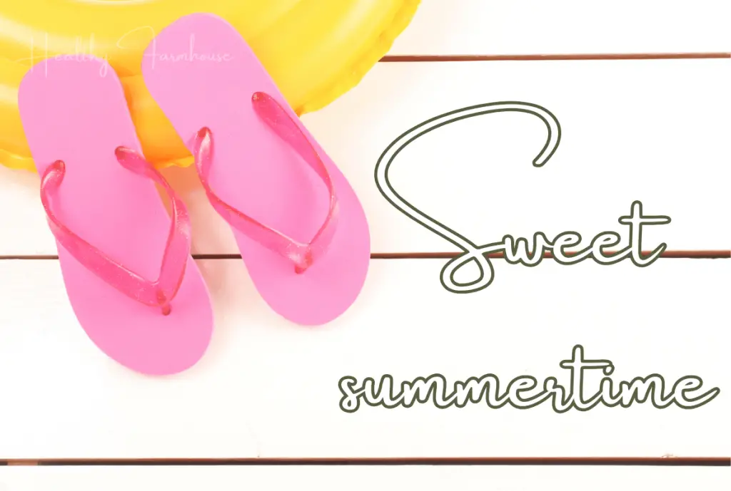 Pink flip flops on white background with text: Sweet summertime