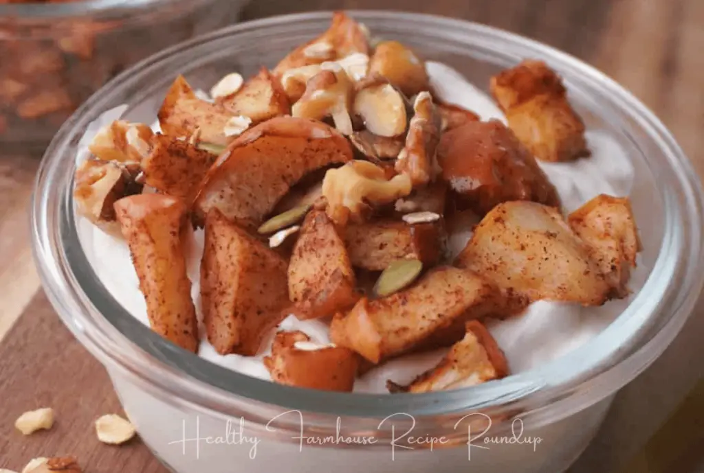 Fried apples in bowl of yogurt