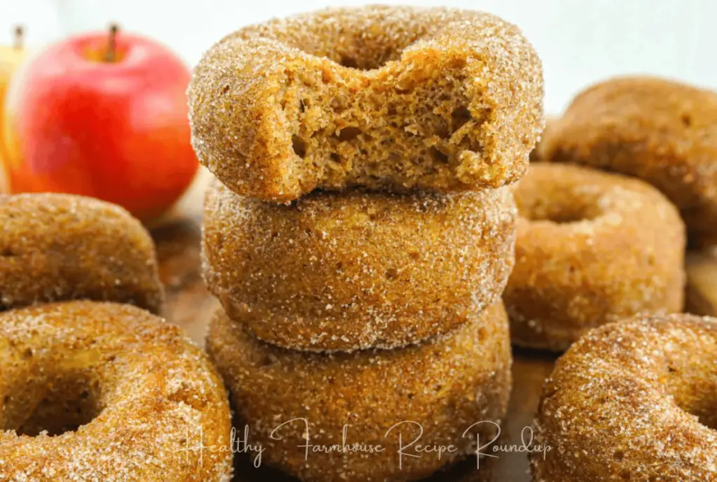 Health-conscious apple donut recipe - stack of donuts with bite taken out of top donut.