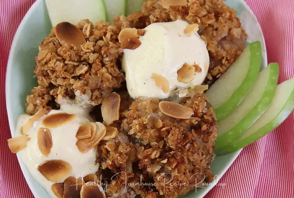 Bowl of apple crisps with icecream and apple slices