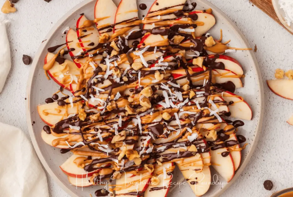 healthy nacho recipe made using apples with chocolate drizzle