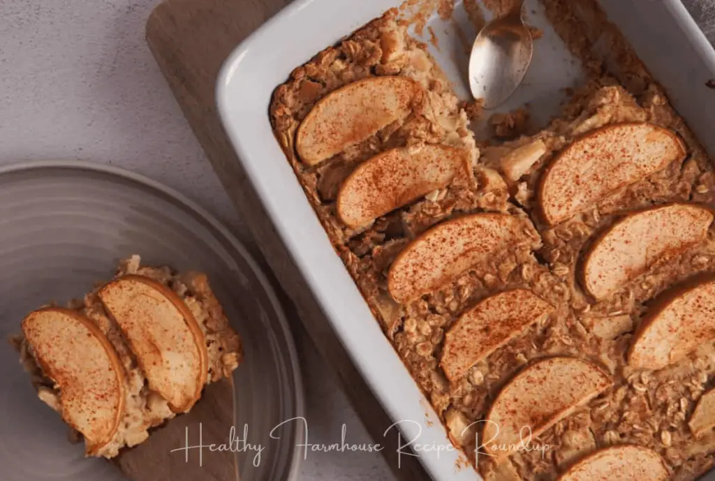 Healthy apple oatmeal recipe in casserole dish with apple slices