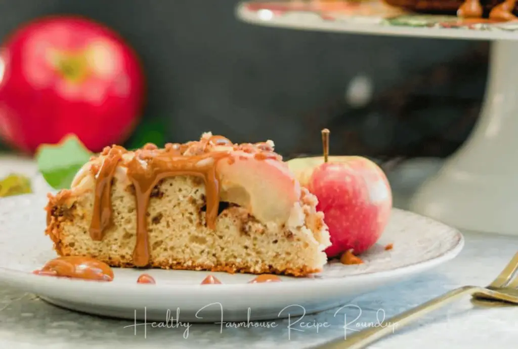 small slice of apple cake with caramel glaze