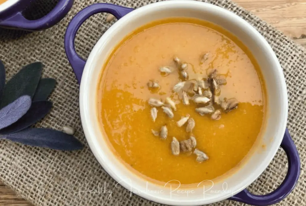 Small blue handled pot filled with orange colored soup and topped with sunflower seeds.
