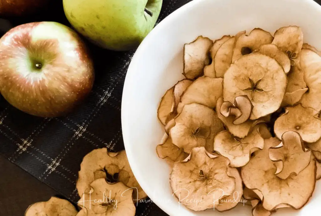 Healthy apple chip recipe in white bowl