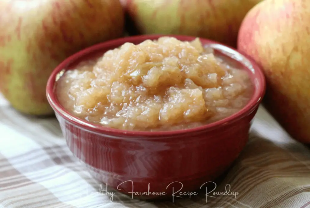 Red bowl of healthy homemade applesauce