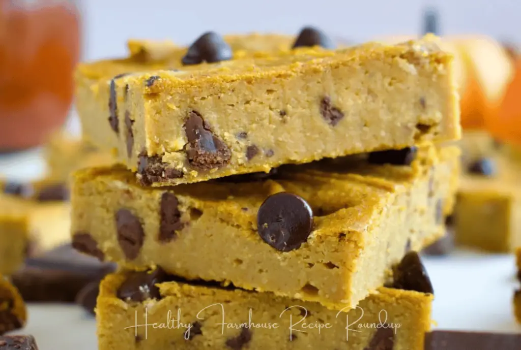 stack of pumpkin square cookie bars with chocolate chips