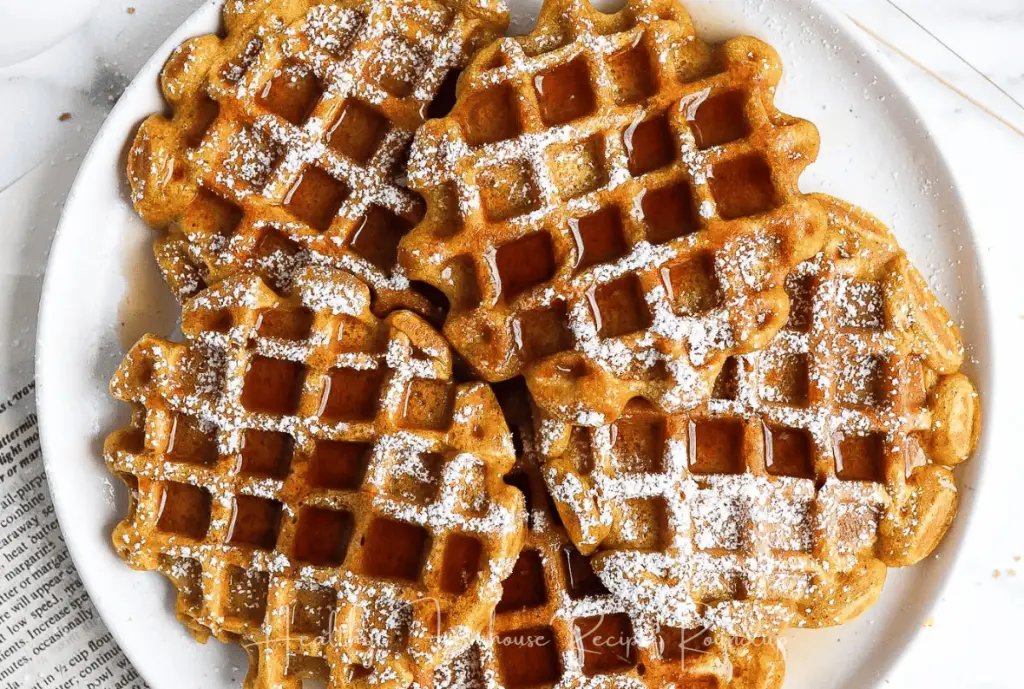 plate of semi-homemade pumpkin waffle breakfast recipe - covered in syrup and sprinkled with powdered sugar