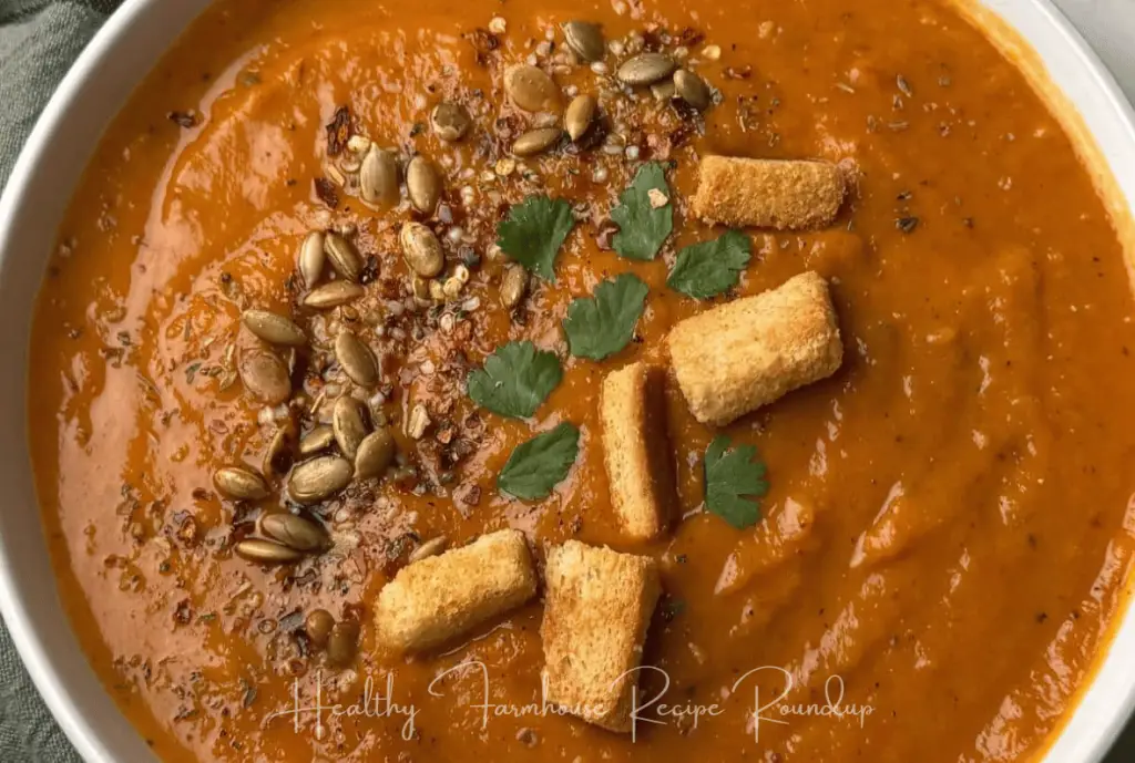 Dark brown sweet potato soup garnished with croutons and pumpkin seeds.