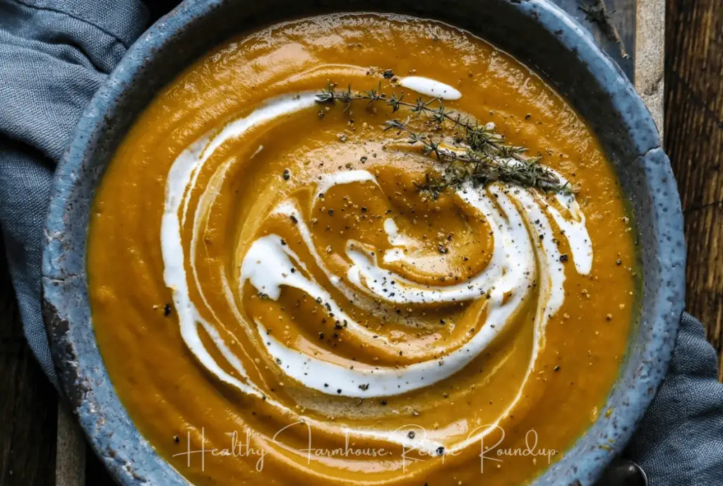 Grey bowl of dark butternut squash soup with swirl of cream