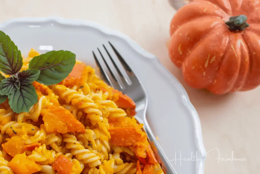White dish full of yellow pasta with pumpkin chunks and herbs on top
