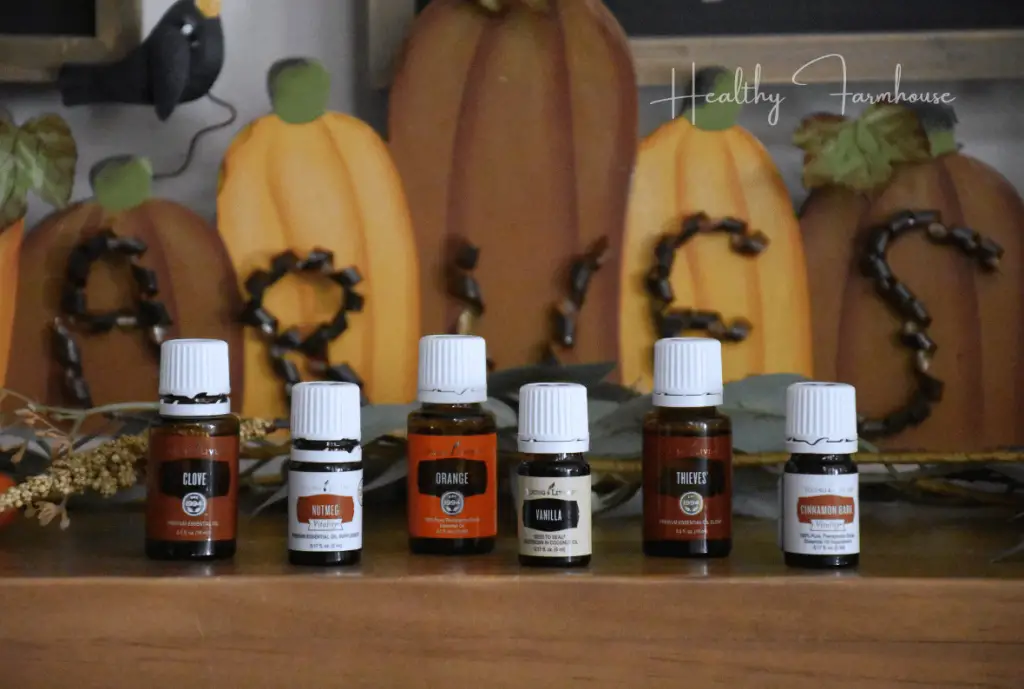 Fall essential oil bottles - Clove, nutmeg, orange, vanilla, Thieves, cinnamon bark