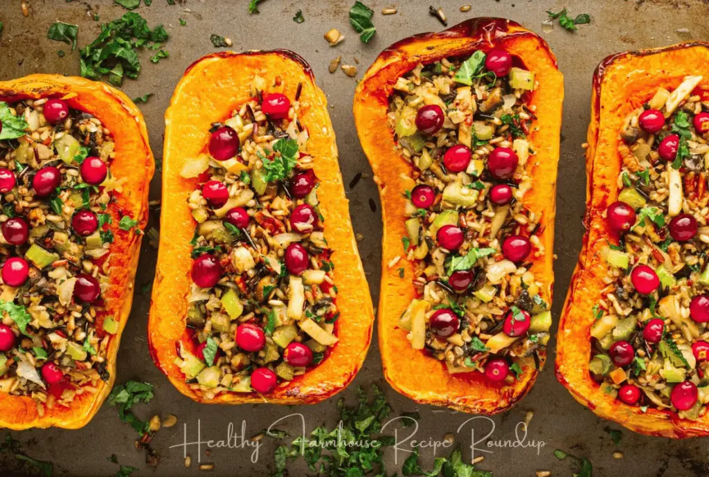 Stuffed butternut squash dinner recipe: 4 butternut squash halves filled with rice mixture and topped with cranberries. 