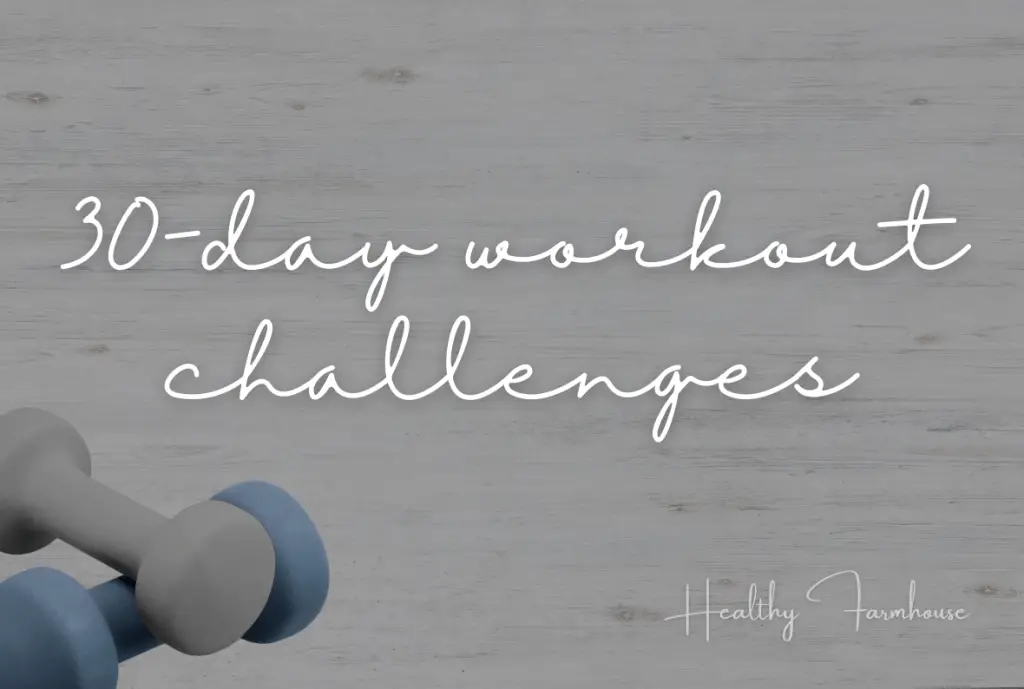 Grey background with blue hand weights and white text that reads: 30-day workout challenges