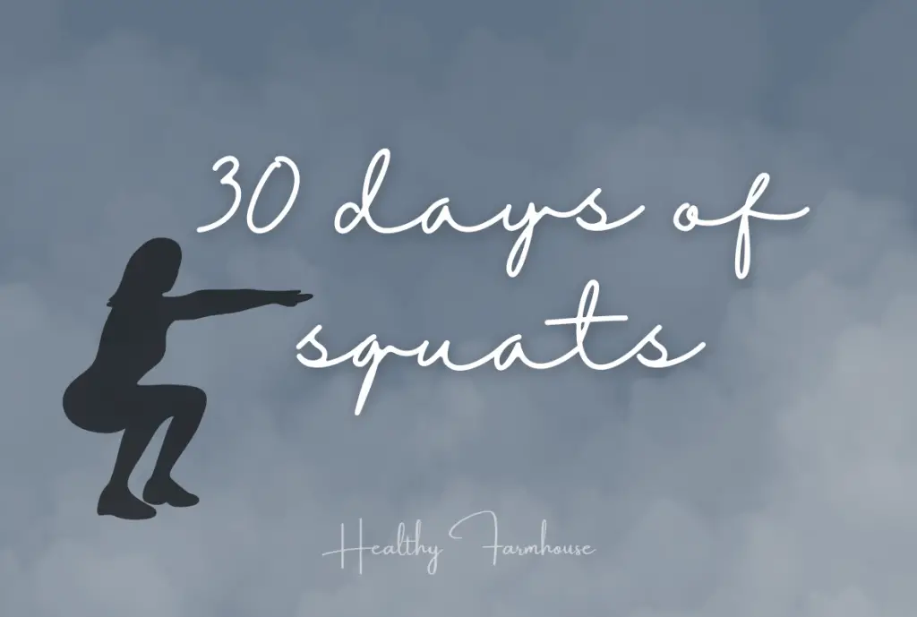 Blue background with blackout silhouette of someone squatting + overlay text that reads: 30 Days of Squats