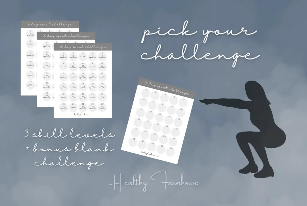 Blue background with 30 day squats challenge printable and blacked out silhouette of person in a squat with over lay text that reads: Pick Your Challenge