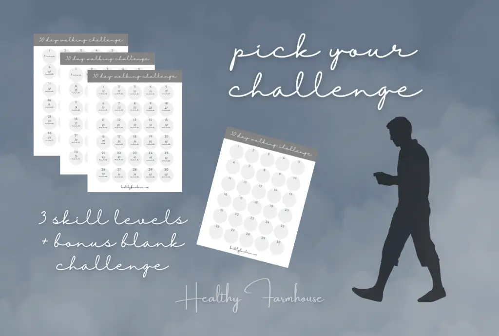 Blue background with the silhouette of a man walking and 4 sheets of 30-Day walking challenges + overlay text that reads: Pick Your Challenge