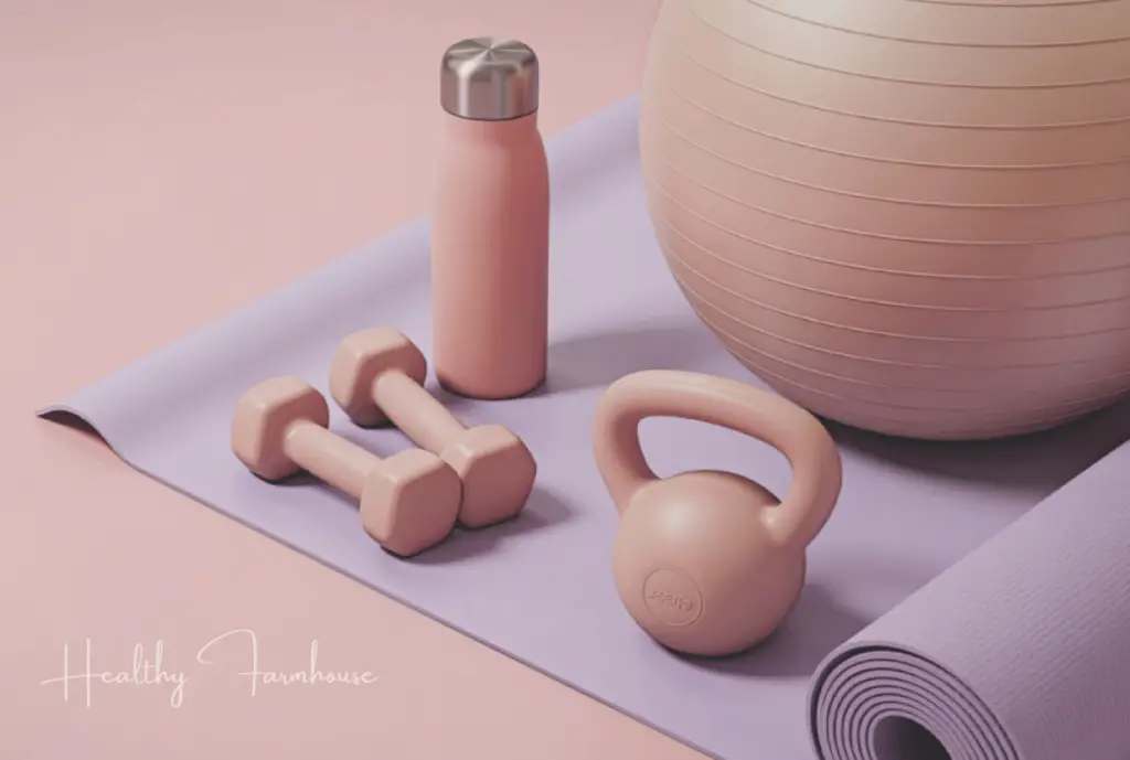 At home workout supplies in muted tones of pink and purple