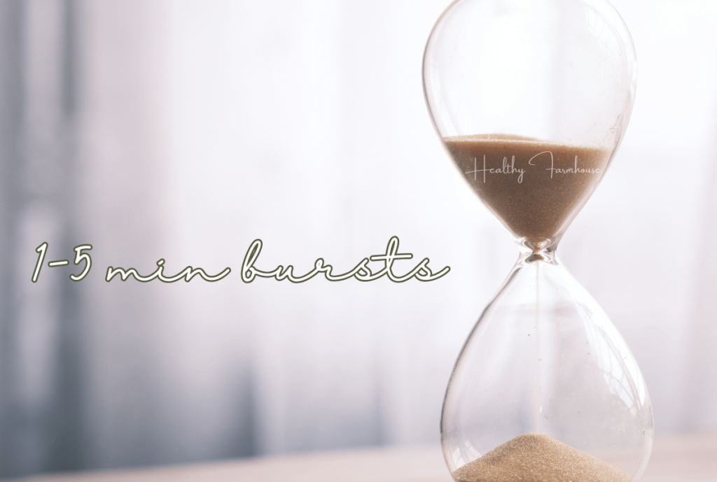 Sand timer with overlay text that reads: 1-5 minute burst (an easy way to start working out again)
