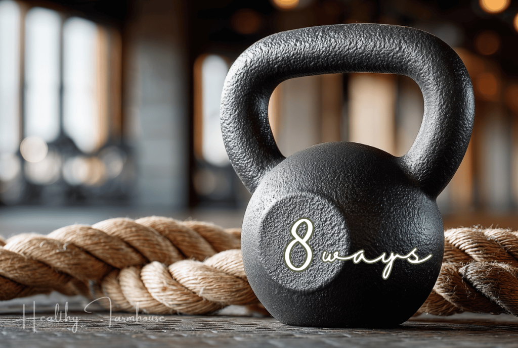 Kettle ball with overlay text that reads: 8 ways (to represent 8 ways of how to start workout out)