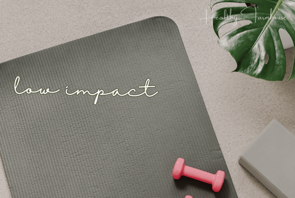 Pilates workout mat with pink dumbbell  + overlay text that reads: low impact